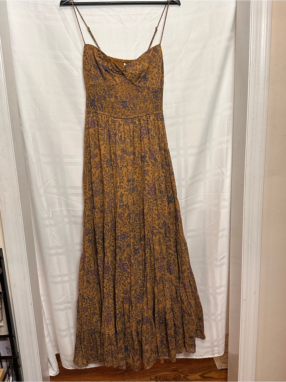 Free People Mustard Floral Maxi Dress with Smocked Bodice